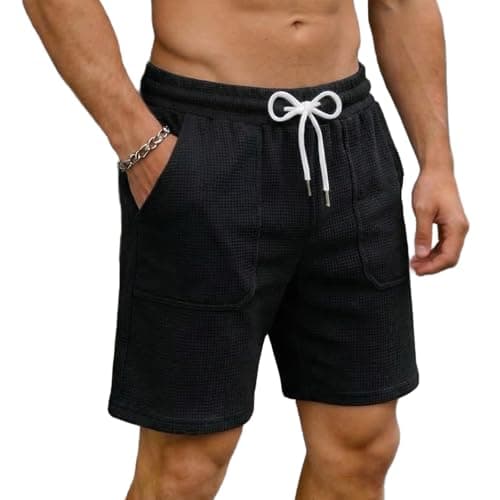 Image of Kids4ever Mens Waffle Shorts Casual Summer Shorts Gym Running Elastic Waist Drawstring Pockets Black L