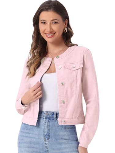 Image of Allegra K Women's Denim Jacket Collarless Round Neck Button Down Long Sleeve Jean Jackets Pale Pink XL
