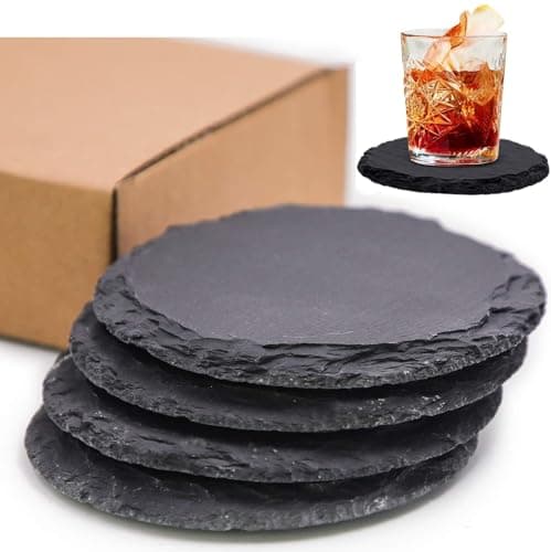 Image of LATERN 4Pcs Slate Drink Coasters, 10CM Round Black Stone Coaster Engravable Blank Slate Cup Coaster Natural Rough Edge with Anti Scratch Bottom for Drink Coffee Bar Kitchen Home Decor