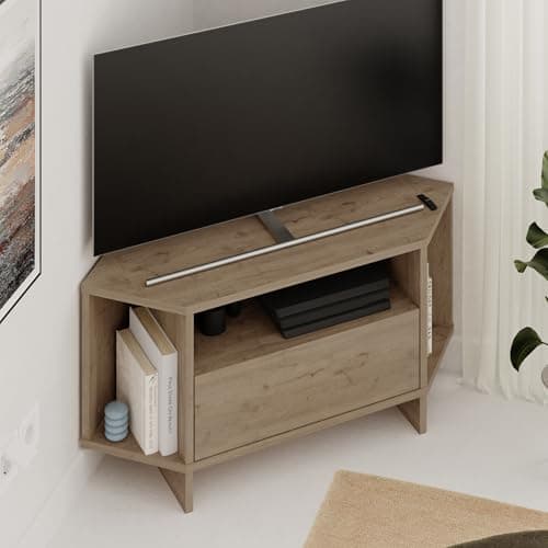 Image of HOCUS PICUS Modern Corner TV Unit up to 42 Inch TVs, Push to Open Door TV Storage Cabinet and 3 Open Shelves, 95.7(H) cm TV Table for Living Room, Bedroom (Natural Oak)