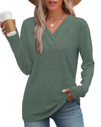 Image of WIHOLL Ladies Jumpers V Neck Long Sleeve Tops Women Tunic Tops for Women UK Green Size 18-20