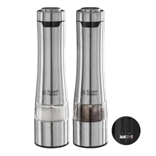 Image of Russell Hobbs Stainless Steel Electric Salt & Pepper Mill Set with Adjustable Ceramic Grinder Heads for fine or coarse Grinding, Battery Operated, Light up During use, One Handed Operation, 23460-56