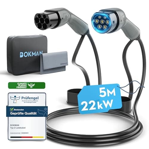 Image of bokman Type 2 EV Charging Cable, Mode 3 / 32A / 22KW / 3 Phase / 5 Meter, Electric Vehicle Car Plug-in Hybrid Type 2 to Type 2 Fast Charging Cable