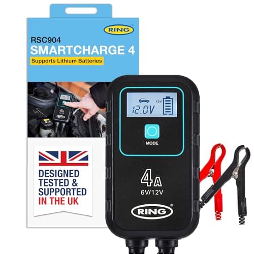 Image of RING SMARTCHARGE 4A Car Charger & Maintainer With Crocodile Clips & Built-In Hanging Hook - Compatible With Lithium Ion, Lead Acid, Gel, Calcium, EFB & AGM Batteries