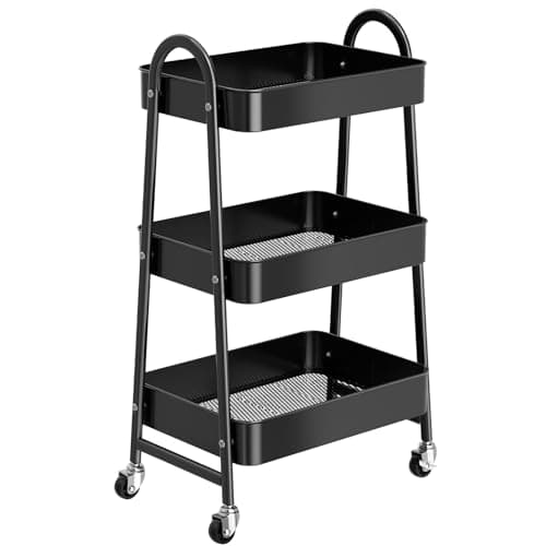 Image of StowBin 3 Tier Metal Storage Trolley with Wheels – Rolling Utility Cart with Handle and Mesh Shelves for Kitchen, Bathroom, Office – White