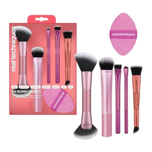 Image of Real Techniques Big Blends Energy Brush + Dual-Sided Puff, 6 Piece Kit for Powder, Cream & Liquid Application, Precision Tools for Contour, Blending & Finishing, Vegan & Cruelty-Free