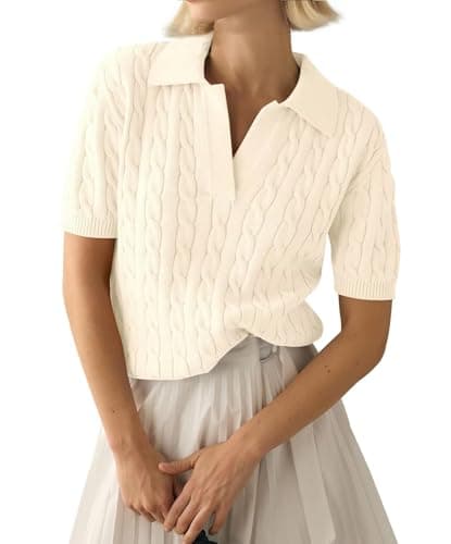 Image of LACOZY Women's Short Sleeve Sweaters Tops Polo V Neck Cable Knit Casual Soft Pullover Shirts 2026 Summer Outfits Apricot M