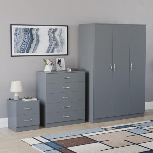 Image of Vida Designs Riano 3 Piece Bedroom Set - 2 Drawer Bedside Chest, 5 Drawer Chest, 3 Door Mirrored Wardrobe - Grey