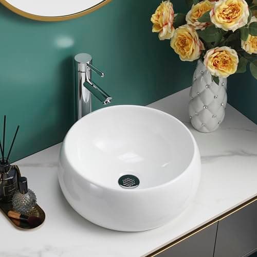 Image of BELOFAY Counter Top Bathroom Basin Sink – Modern White Ceramic Wash Basin with Scratch-Resistant Gloss Surface – Sink basins for Cloakroom,Vanity Cabinet and Bathrooms (Round 1)