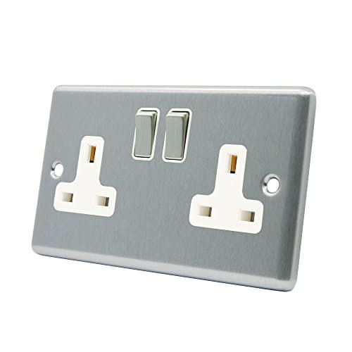 Image of AET CSC2GSOCWS 13 A 2-Gang Satin Finish Chrome Classical Double Plug Socket with White Insert Metal Rocker Switch