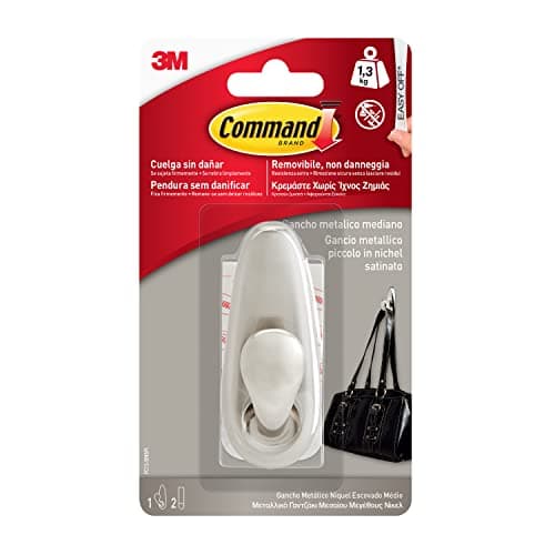 Image of Command Medium Metal Hook, Polished Nickel - 1 Hook and 2 Adhesive Strips - Hanger for Bags, Clothes and Other Accessories on Wall or Door - No Holes - Holds up to 1.3 kg