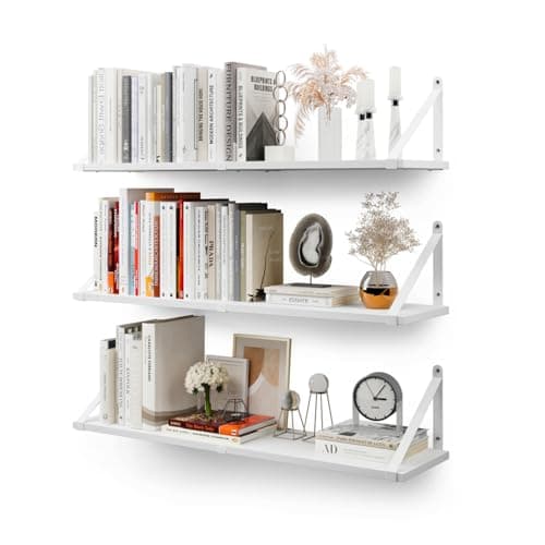 Image of CASSA ZENO Wall Mounted Floating Book Shelves for Wall Set of 3, 80cm x 20cm Shelf Bookshelf for Bedroom Living Room Office Bathroom Kitchen Rustic Wood with Metal Bracket (White)