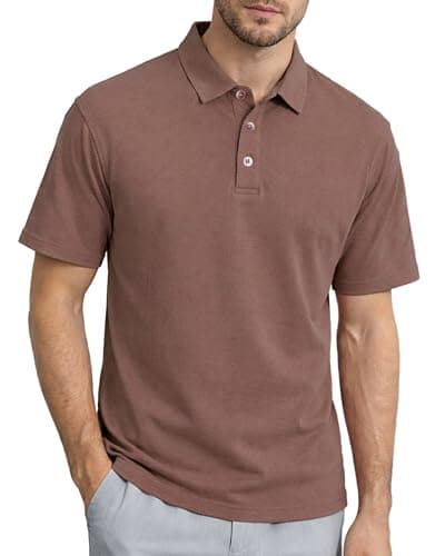 Image of KUYIGO Men's Short Sleeve Washed Cotton Polo Shirt, Breathable Classic Fit Top for Casual Summer Days L Amber Brown