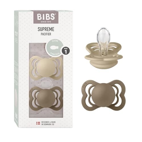 Image of BIBS Supreme Dummies 2-Pack, BPA Free Dummy Pacifier, Silicone Symmetrical Nipple Soother, Size 1 (0-6 Months), Vanilla/Dark Oak