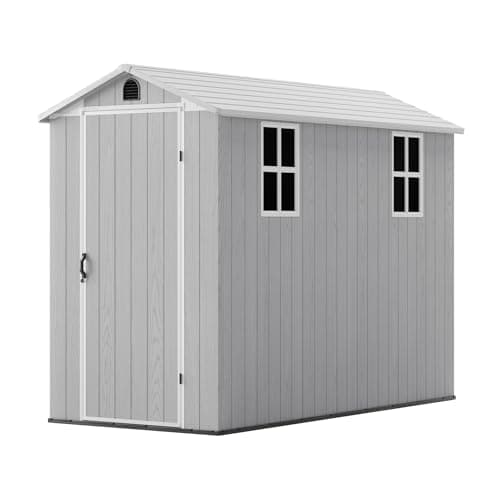 Image of Triumphkey 4x8ft Outdoor Storage Shed with Floor & 2 Windows,Large Plastic Garden Shed with Lockable Door for Backyard, Patio & Lawn,Grey-White,Light Gray
