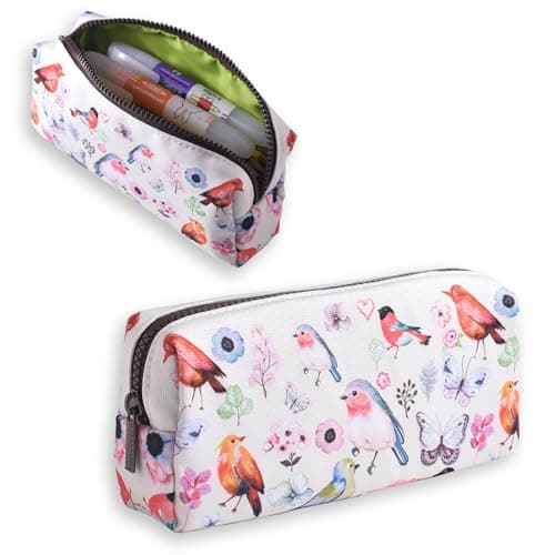 Image of LParkin Bird Floral Pencil Case for Stationery, Flower Floral Canvas Pen Pencil Case with Zipper, Office Stationery Organizer Cosmetic Bag Coin Pouch