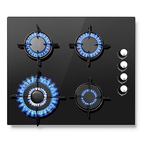Image of SNDOAS Gas Hob 4 Burners, NG/LPG Convertible, Built-in 60cm Black Glass Gas Hob with Wok Burner, Flame Failure Protection, 8000W