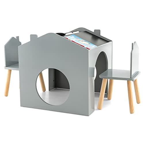 Image of COSTWAY Kids Table and Chair Set, Wooden Children Desk with Chalkboards, 3 Pieces Toddler Activity Furniture for Learning, Drawing, Dining (Gray)