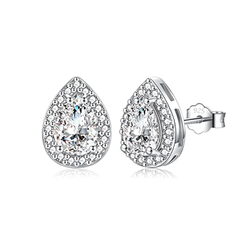 Image of Silver Stud Earrings for Women, 925 Sterling Silver April Birthstone Diamand Earrings, White Gold Plated Teardrop Cubic Zirconia Stud Earrings, Birthday Gift Brides Bridesmaids Wedding Present