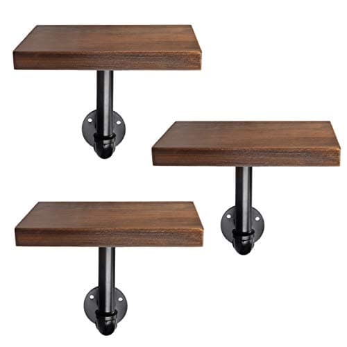 Image of Navaris Industrial Pipe Shelf Set - 3 Small Wooden Shelves with Black Pipe Shelf Brackets - 15x20cm Wall-Mounted Wood Shelving - Size S, Dark Brown