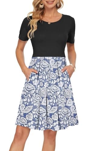 Image of AUSELILY Dresses for Women UK Summer Dress Short Sleeve Wrap Dress Casual with Pockets Knee Length Boho Floral Leaf XL