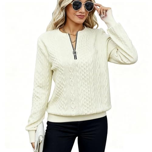 Image of Sweatshirts for Women, Ladies Lightweight Knit Jumpers, Half Zip Pullover Cable Sweatshirt, Ladies V-neck Long Sleeve Tops, Autumn Winter Thermal Casual Sweaters for Office Work Daily, Beige, L