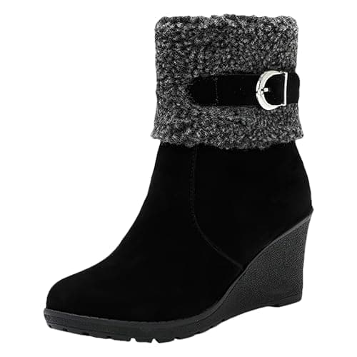 Image of Jamron Women's Winter Warm Fur Lined Zipper Ankle Boots Elegant Wedge Heel Fashion Boots SN0710136 Black UK3.5