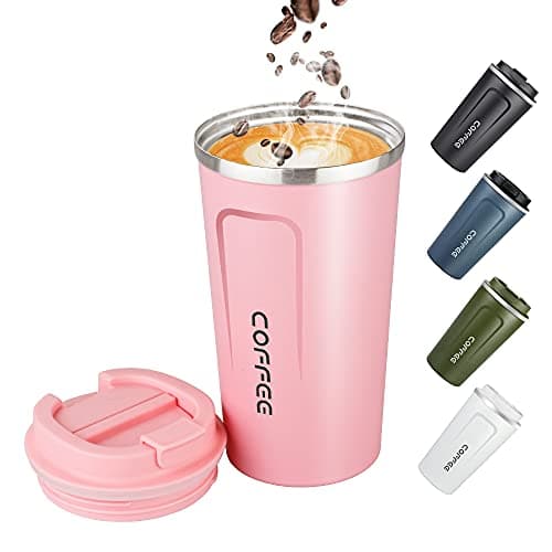 Image of 17oz (500ml) Vacuum Insulated Travel Mug, Leakproof Double Wall Stainless Steel Reusable Coffee Cup with Lid for Hot & Cold Drinks, Pink