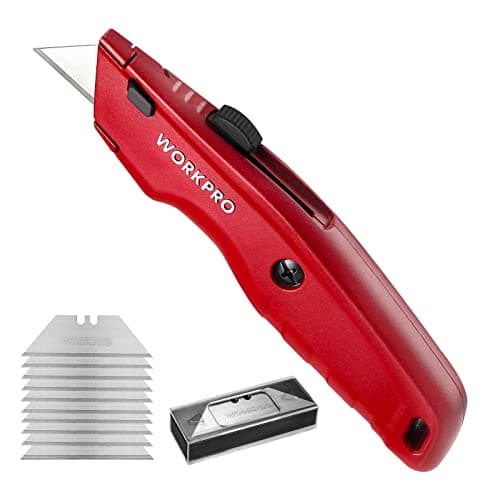 Image of WORKPRO Premium Utility Knife, Metal Retractable Box Cutter with Quick-Change Blade for Daily Use and DIY, Includes 10 Blades, Red