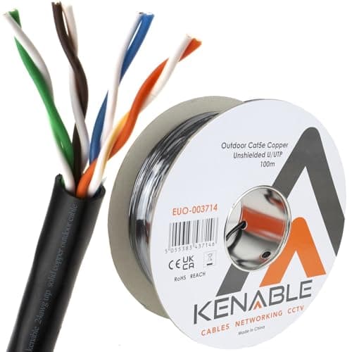 Image of kenable External CAT5e Outdoor Ethernet Cable 100m Black - Full Copper UTP Network Cable Reel Waterproof UV Resistant PE Sheath for Outdoor & Indoor Use - 24AWG Solid Core