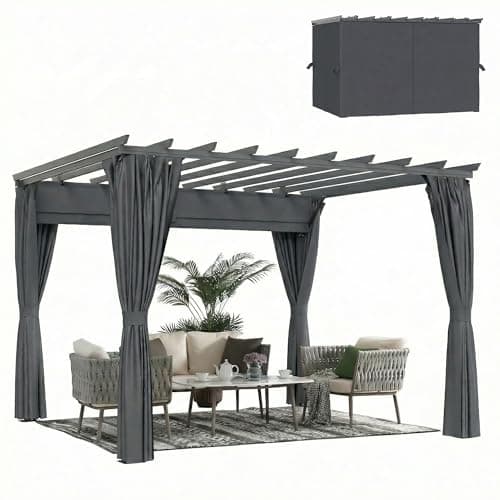 Image of Outsunny 3.6 x 3 m Pergola with Retractable Roof Canopy and Curtains, Aluminium Frame Garden Pergola Gazebo Sun Shade Shelter for Grill, Patio, Deck, Dark Grey