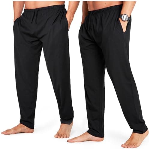 Image of CityComfort Mens Pyjama Bottoms - Jersey Lounge Pants with Pockets, Pack of 2 (2XL, Black/Black, Drawstring Waist)
