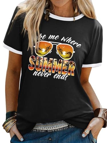 Image of Dresswel Women Take Me Where Summer Never Ends T-Shirt Vintage Palm Graphic Print Short Sleeve Crew Neck Tee Shirts Ladies Summer Tops