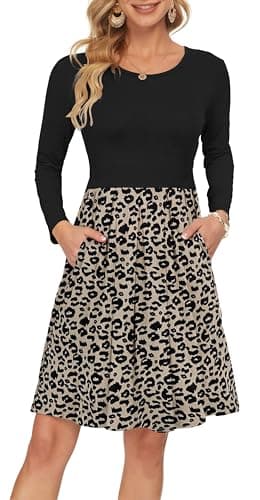 Image of AUSELILY Women's Long Sleeve Pleated Loose Swing Casual Dress with Pockets Knee Length Leopard Join Black M