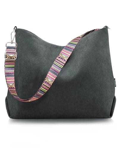 Image of Prite Corduroy Tote Bag for Women with Zipper Large Capacity Shoulder Bags with Adjustable Strap and Pockets Waterproof Handbag for Work School Shopping Travel College (Grey)