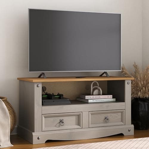 Image of Corona Grey TV Stand Flat Screen 2 Drawer Television Cabinet Solid Pine Wood Unit