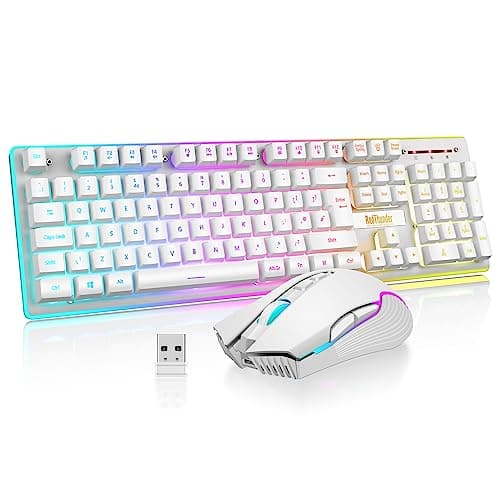 Image of RedThunder K10 Wireless Gaming Keyboard and Mouse Combo, LED Backlit Rechargeable 3800mAh Battery, UK Layout Mechanical Feel Keyboard + 7D 3200DPI Mice for PC Gamer (White)