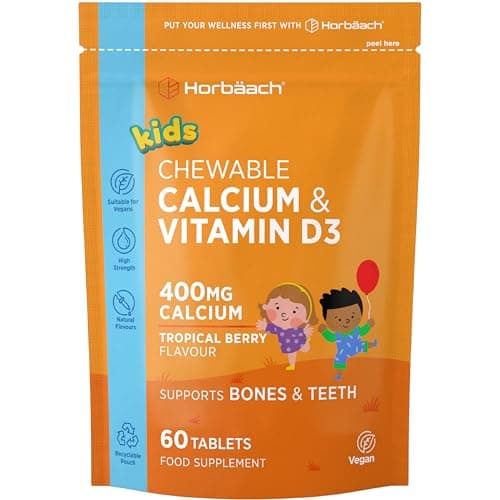 Image of Calcium and Vitamin D Chewable Tablets for Kids | Tropical Berry Flavour | 400mg of Calcium and 100IU of Vitamin D3 | Vegan | 60 Count | By Horbaach