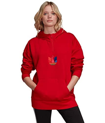 Image of adidas Originals Women's Adicolor 3D Trefoil Half-Zip Hoodie Sweatshirt, Scarlet/Multicolor, S