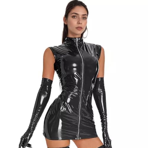 Image of PARUPRUP Womens Faux Leather Mini Dress Sexy Wet Look Bodycon Club Front Full Zip Up Sleeveless Lingerie One Piece (UK, Alpha, L, Regular, Regular, Black - Sleeveless)