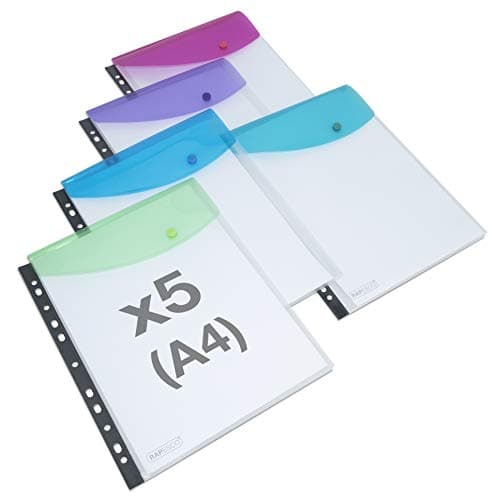 Image of Rapesco 1630 ECO Recycled High-Capacity Punch Pockets, A4, Clear with Assorted Colour Flaps, Pack of 5