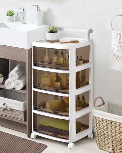 Image of Froppi Pre-Assembled Plastic Storage Drawers on Wheels | 4-Drawer Under Desk Storage with Attachable Handle L28.5 W34 H62 cm White/Coffee