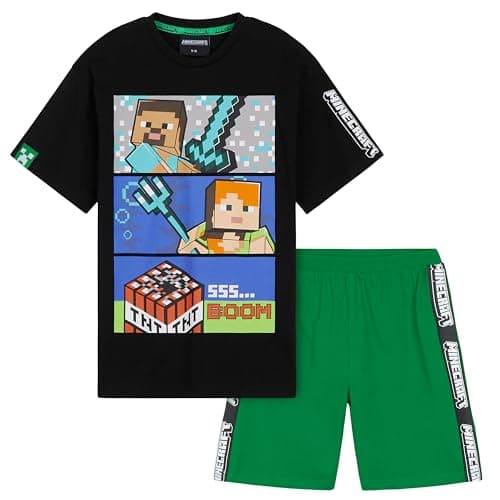 Image of Minecraft Pyjamas Set for Boys & Teens 5-14 Years, Short Cotton PJs, Half-Sleeve Soft T-Shirt & Bottoms, Gamer Gift for Boys (Black/Green, 13-14 Years)
