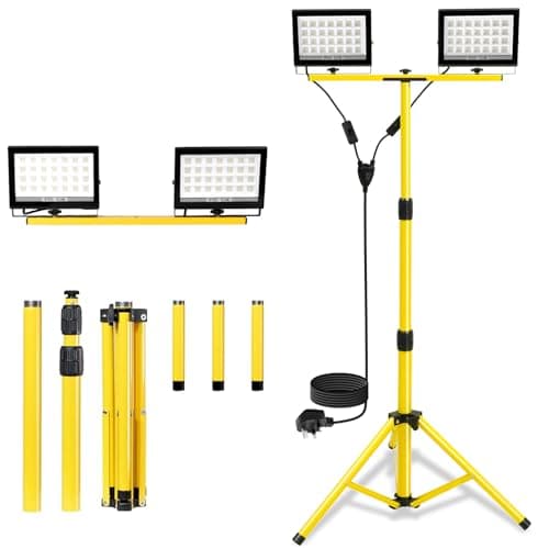 Image of 11000Lumen Tripod LED Work Light with Stand, 2 Adjustable Twin Head Floodlight with 13.1FT Cord IP66 Waterproof Foldable Construction Work Lights for Indoor Outdoor Job Site Workshop Garage