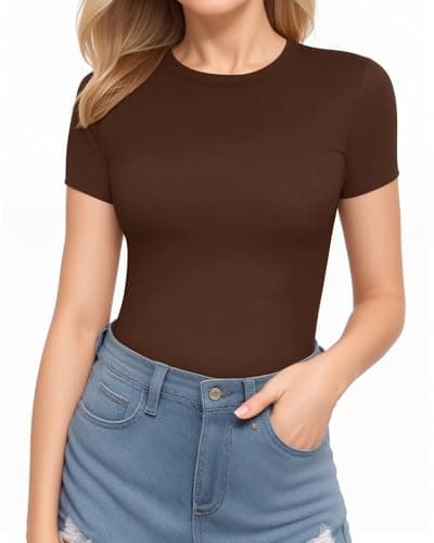 Image of ALGALAROUND Bodysuits for Women Crew Neck Short Sleeve T-shirt Body Suits for Ladies Bodysuit Y2K Summer Leotard Shirts Tops for going out Brown L