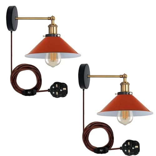Image of LEDSone 2 Pack of Retro Industrial Wall Light Plug in Wall Lamp Metal Cone Shape Shade Indoor Light Fitting with Dimmer Switch for Bedroom Hallway Restaurants (Orange 2 Pack, with Bulb)