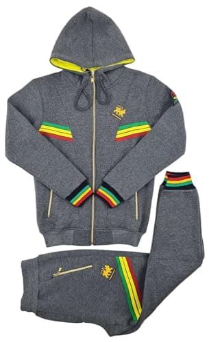 Image of Men’s Slim Fit Hooded Tracksuit with Rasta Stripes – Full Zip Hoodie and Joggers Set - Black, Beige, Charcoal Grey (UK, Alpha, L, Regular, Regular, Charcoal Grey)