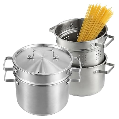 Image of GREENSAPPIRE Professional Stainless Steel Pasta Pot l 4 Litre 24cm Stockpot with Glass Lid & Removable Strainer Insert | Thick Induction Base | Suitable for All Hob Types