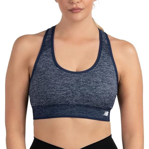 Image of New Balance Seamless Womens Medium Impact Racerback Sports Bra - Padded Workout Yoga Top, Pigment, M