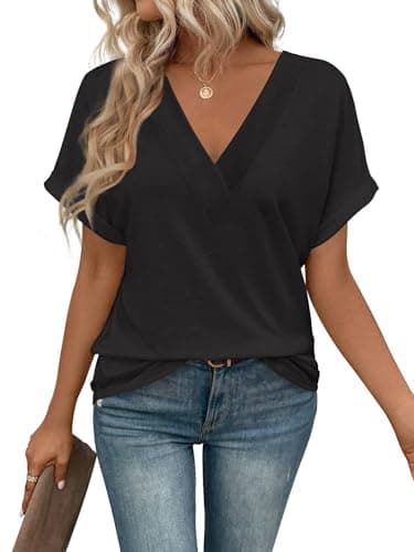 Image of ELFIN Womens Short Sleeve Tshirts Cross Collar Deep V Neck Tops Casual T-Shirt Plain Tops Summer Loose Blouse Black